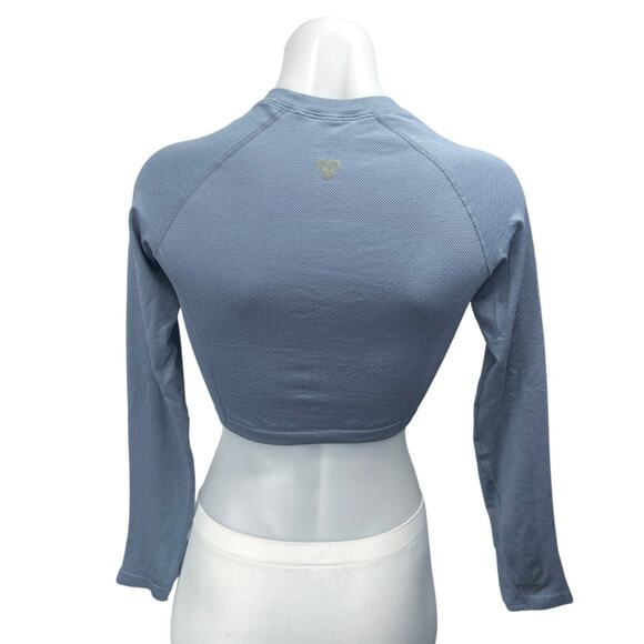 Aritzia TNA Blue Long Sleeve Mock Neck T Shirt Tee Yoga Athletic Crop Top Sz M - Picture 2 of 3